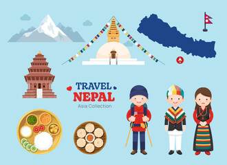 Travel Nepal flat icons set. Nepalese  element icon map and landmarks symbols and objects collection. Vector Illustration - obrazy, fototapety, plakaty