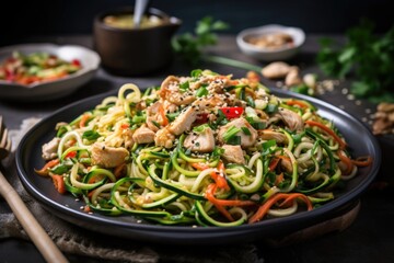 zucchini noodle stir-fry with fresh veggies, chicken and sesame seeds, created with generative ai