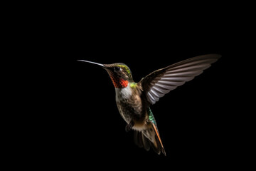 Fototapeta na wymiar Flying hummingbird isolated on black background. Small colorful bird in flight. AI