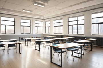 empty classroom with large windows, natural light streaming in, created with generative ai