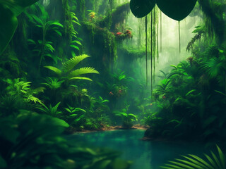 Green beautifull jungle background, Generative AI Illustration.