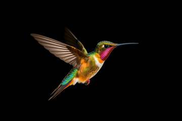 Flying hummingbird isolated on black background. Small colorful bird in flight. AI