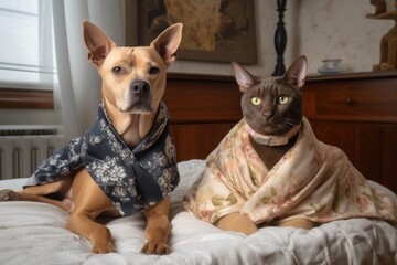 Obraz premium feline designer and canine model pose for photo shoot, showcasing their latest collections, created with generative ai