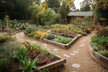 edible landscape and permaculture garden, filled with fruits, vegetables, and herbs, created with generative ai