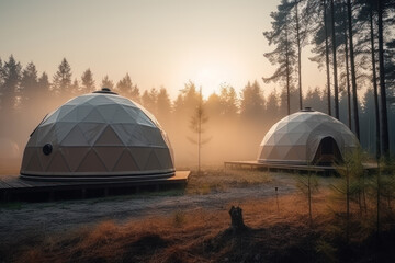Fototapeta na wymiar Geo dome camp in the forest. Glamping. luxury glamorous camping. life in nature. AI