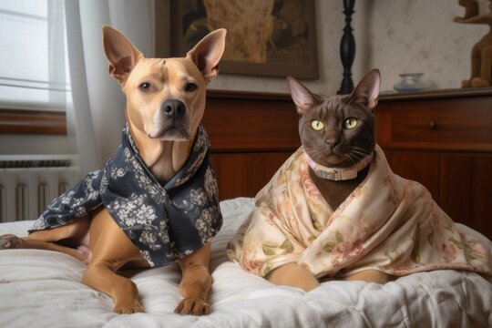 feline designer and canine model pose for photo shoot, showcasing their latest collections, created with generative ai