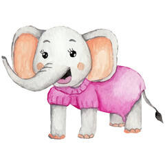 Cute elephant with a flower cartoon hand drawn Clip art Element Transparent Background