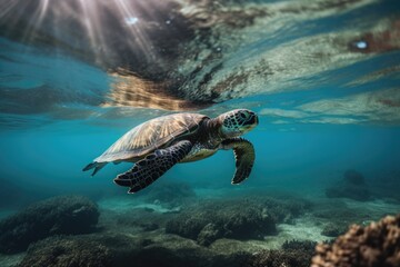 Fototapeta na wymiar sea turtle swimming underwater, its flippers through the water, created with generative ai