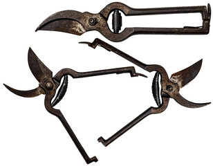 Close-up of an old rusty pruning shears isolated on white or transparent background, open and closed, photography, png.