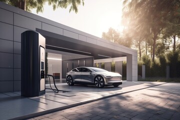 electric vehicle charging station with modern design, incorporating sleek materials and technology, created with generative ai