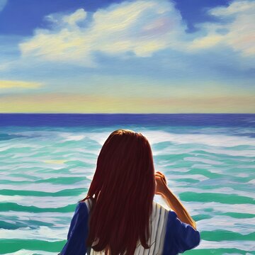 oil painting style illustration of a woman looking at the Ocean