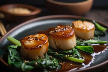pan-seared scallops with bok choy and chinese black vinegar sauce, created with generative ai