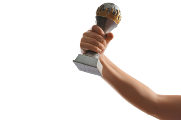 child hand raised, holding gold soccer cup l against free PNG background. award and victory concept