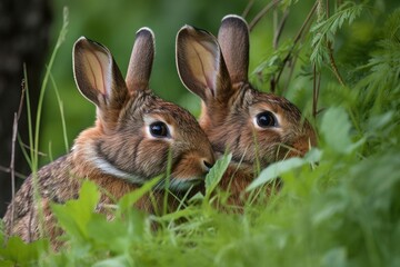 Fototapeta premium close-up of two rabbits snuggling, surrounded by lush green meadow, created with generative ai