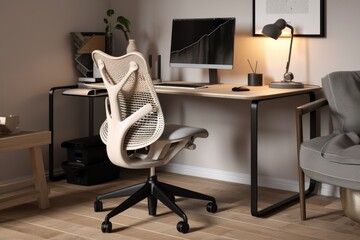 a workstation with a sleek and modern design, featuring an ergonomic chair and essential tools for productivity, created with generative ai