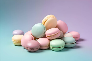 Obraz premium Colorful macaroons on a blue pastel background, Generative AI