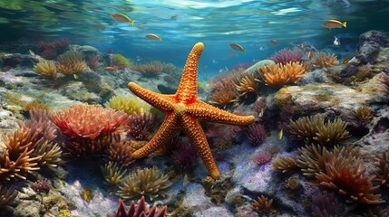 Illustration of a vibrant underwater ecosystem with a starfish and colourful corals created with Generative AI technology