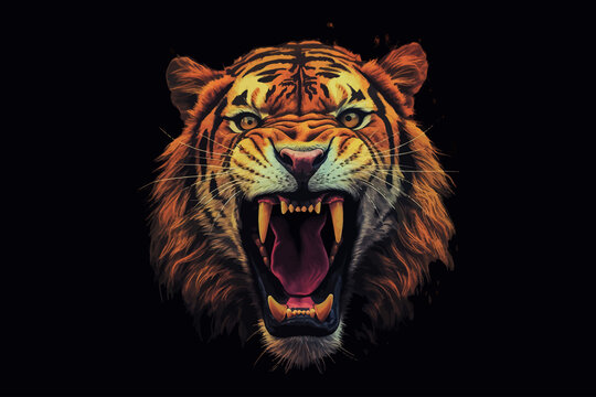 The roar of a tiger with an open mouth with big and sharp teeth on a black background, in the style of vintage graphic design.Generative AI
