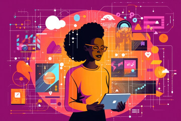 Innovation at Her Fingertips: Illustration of Black Woman Harnessing Future Tech and ERP. Generative AI.