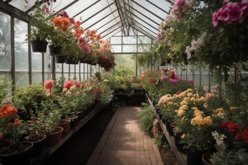 Fototapeta na wymiar greenhouse filled with lush blooms and foliage, created with generative ai