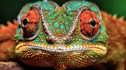 Obraz premium A stunning close-up of a chameleon's multicolored eyes blending into the green foliage behind it