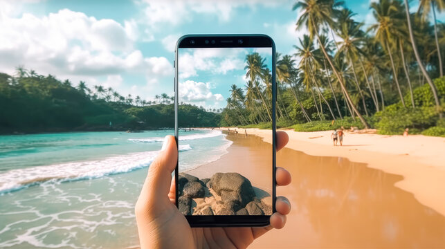 Close-up of a person holding a phone taking a picture of a beautiful tropical beach