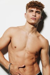 Fototapeta premium man abs guy bicep care standing person body athlete beauty white background