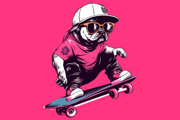 A young black bulldog in a hat and glasses rides a skateboard on a pink background. Generative AI - obrazy, fototapety, plakaty
