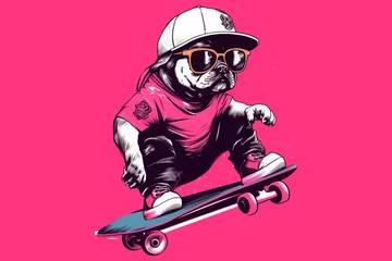 Foto op Canvas A young black bulldog in a hat and glasses rides a skateboard on a pink background. Generative AI © Zaleman