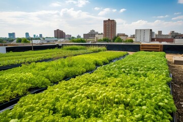 Fototapeta premium green rooftop farm, growing fresh produce and herbs, created with generative ai