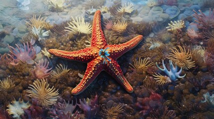 Illustration of a vibrant underwater ecosystem with a starfish and colourful corals created with Generative AI technology