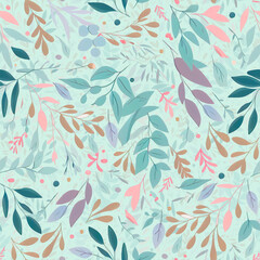 Seamless pattern of leaves on a light blue background. Abstract illustration, design element. Generative AI.