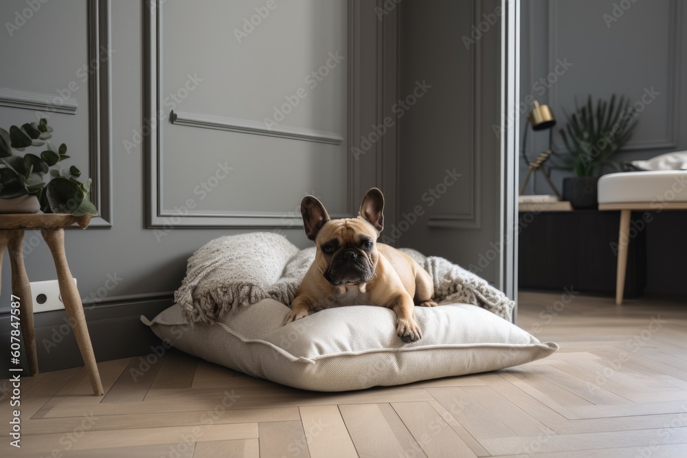 Poster modern pet bed with plush pillow and blanket in sleek, contemporary room, created with generative ai