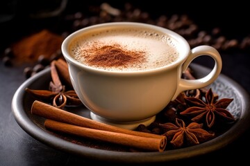 cardamom powder sprinkled on top of a freshly brewed cup of chai tea, with a cinnamon stick and star anise nearby