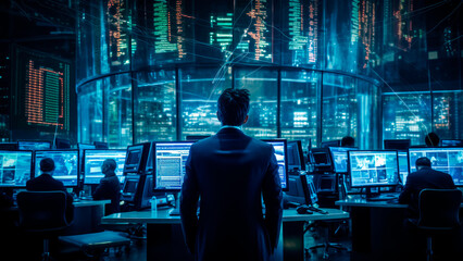 man in a crisp suit is reviewing stock market trends on multiple screens in a dim trading room, business concept, Generative AI
