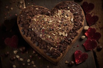 Obraz na płótnie Canvas heart-shaped brownie surrounded by heart shape of chocolate and sprinkled with nuts, created with generative ai