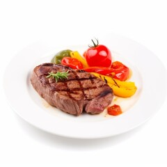 Grilled beef meat entrecote on white plates with peppers and tomato isolated on white background