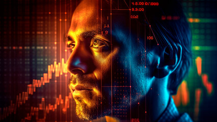 finance analyst's face, partially illuminated by the fluctuating light of stock market graphs, business concept, Generative AI