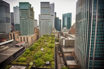 Fototapeta premium green rooftops surrounded by towering skyscrapers and bustling city streets, created with generative ai