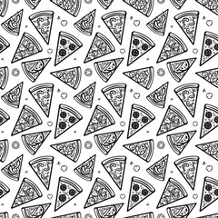 Cute photo with doodle drawings of pizza slices. Sweet vector black and white pizza background. Seamless monochrome pizza background with doodles for fabric, wallpaper, wrapping paper and postcards.
