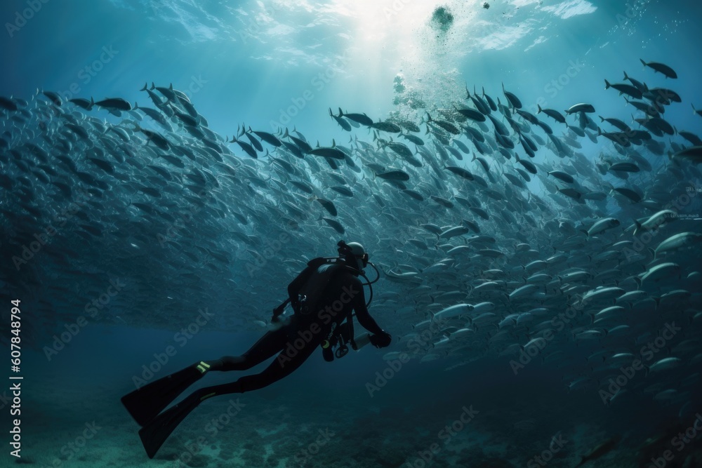 Wall mural diver swimming with school of fish, surrounded by the underwater beauty, created with generative ai