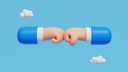 3D cartoon character fists, businessmen hands sticking out on blue background. Concept of business agreement, partnership, teamwork or friendship. 3D Illustration