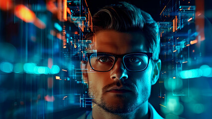businessman in a futuristic smart-glasses, exploring a virtual data interface, business concept, Generative AI