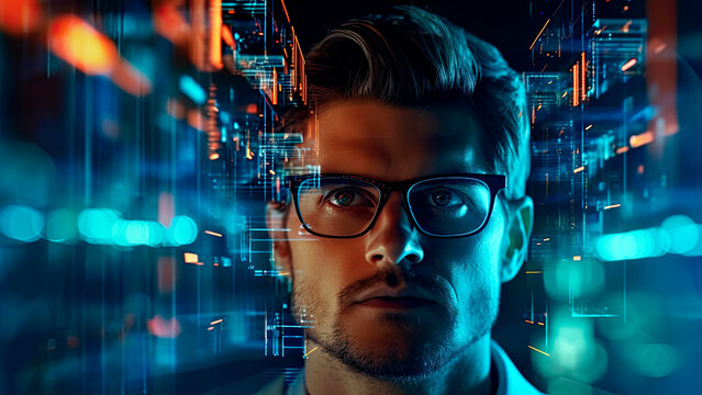 businessman in a futuristic smart-glasses, exploring a virtual data interface, business concept, Generative AI