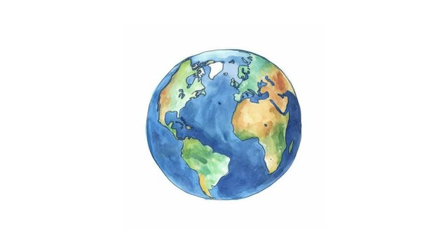 Earth Globe Watercolor or Crayon Drawing Stopmotion. Cartoon animation. Kids Hand Drawn Doodle Animation of Earth. Earth day concept. Travel concept. Copy space. Seamless loop.