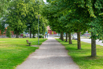 Gravel pathway through a park with a bench and some trees on the sides.