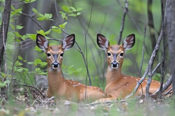 Fototapeta premium a pair of fawns resting in a meadow, their long ears and legs splayed in different directions, created with generative ai