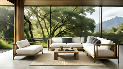 Natural Bamboo living room with a Forest Morning view