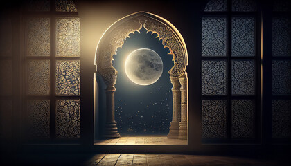 Moon light shine through the window into islamic mosque Ai generated image