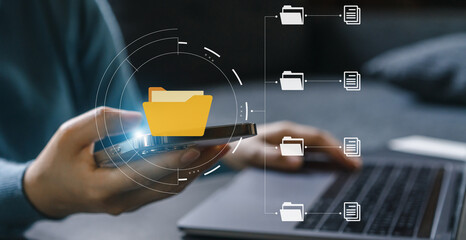 Human use phone with online cloud document file management, information, system, DMS, online documentation database, manage files, enterprise with ERP.search and manage document business technology © JOURNEY STUDIO7